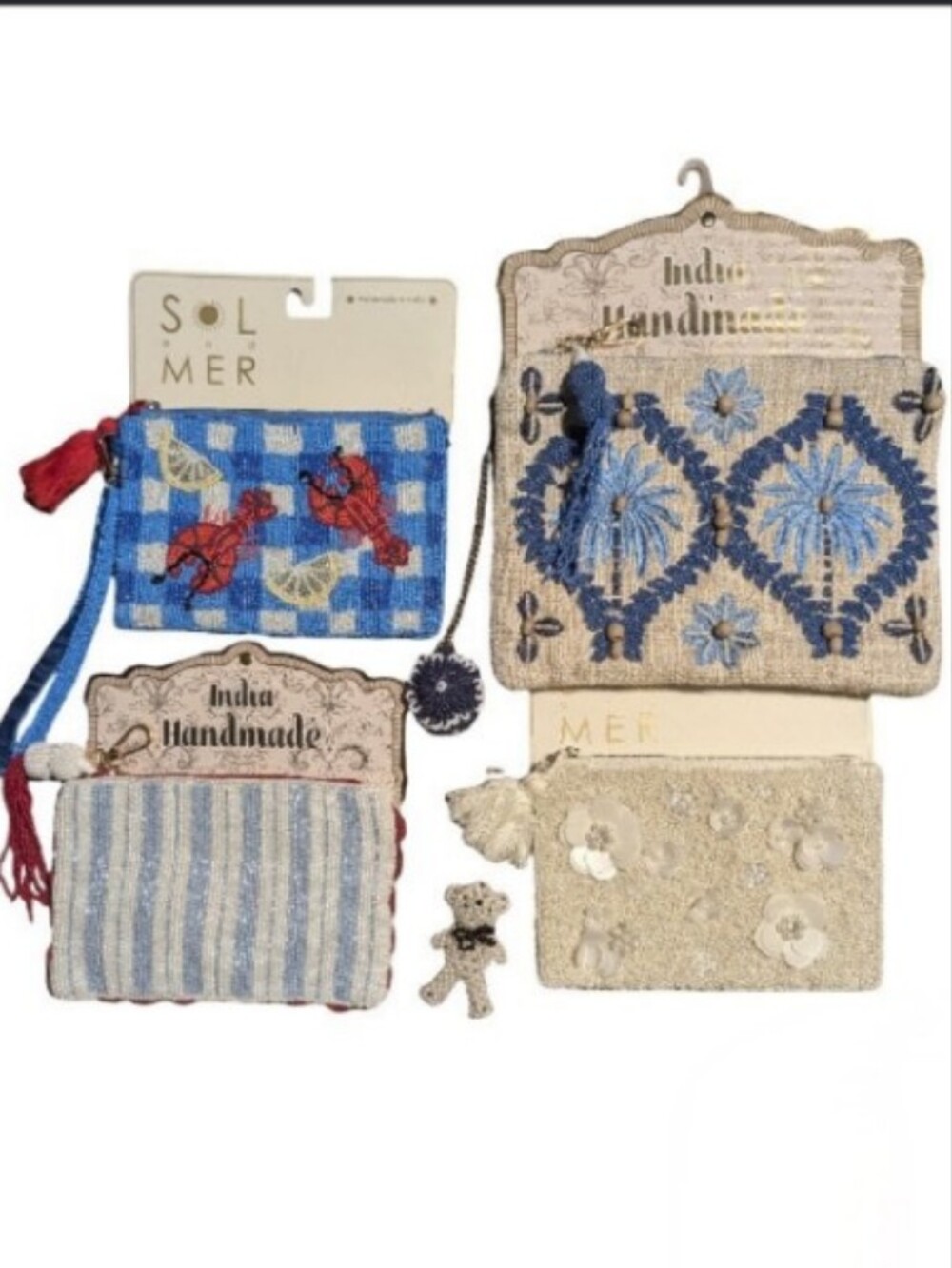 Wandering Moon, Sol & Mer Hand Beaded Bag 4pc Lot + 2 Matching Beaded Bag Charms
